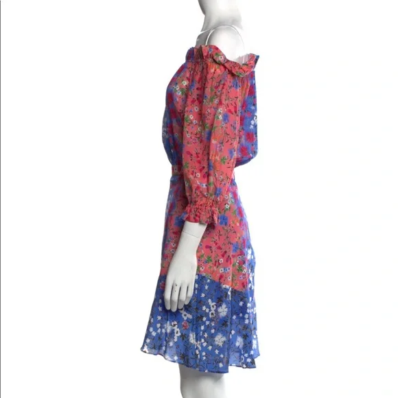 $700 Saloni Silk mini ruffle puff sleeves blue pink floral flowers dress 0 S XS - Picture 2 of 3